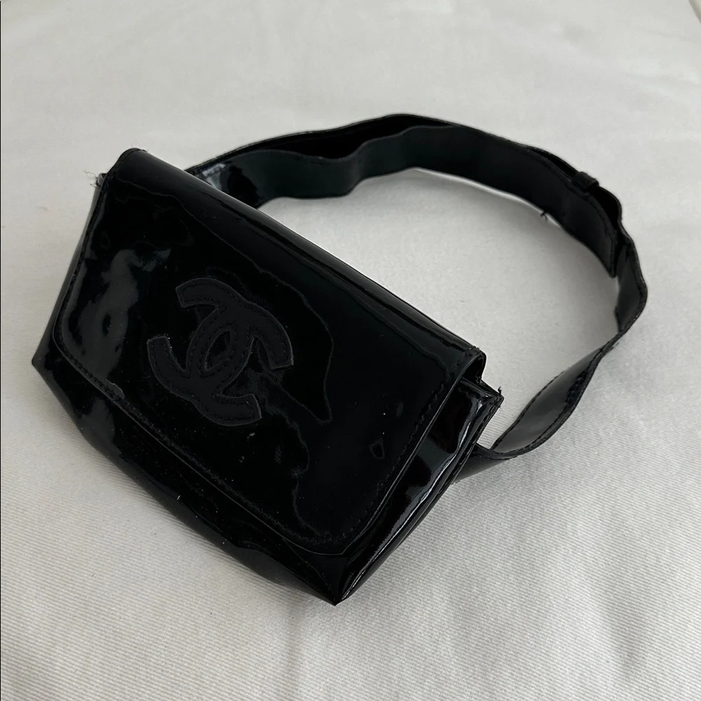 Chanel Black Patent Leather Enamel Logo Waist Pouch